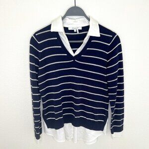 Foxcroft Navy Blue & White Lightweight Knit Sweater with Faux White Collar